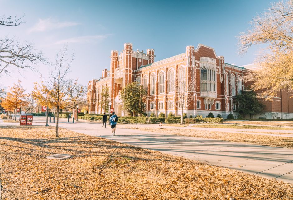 英国历史悠久的大学建筑与绿植前景